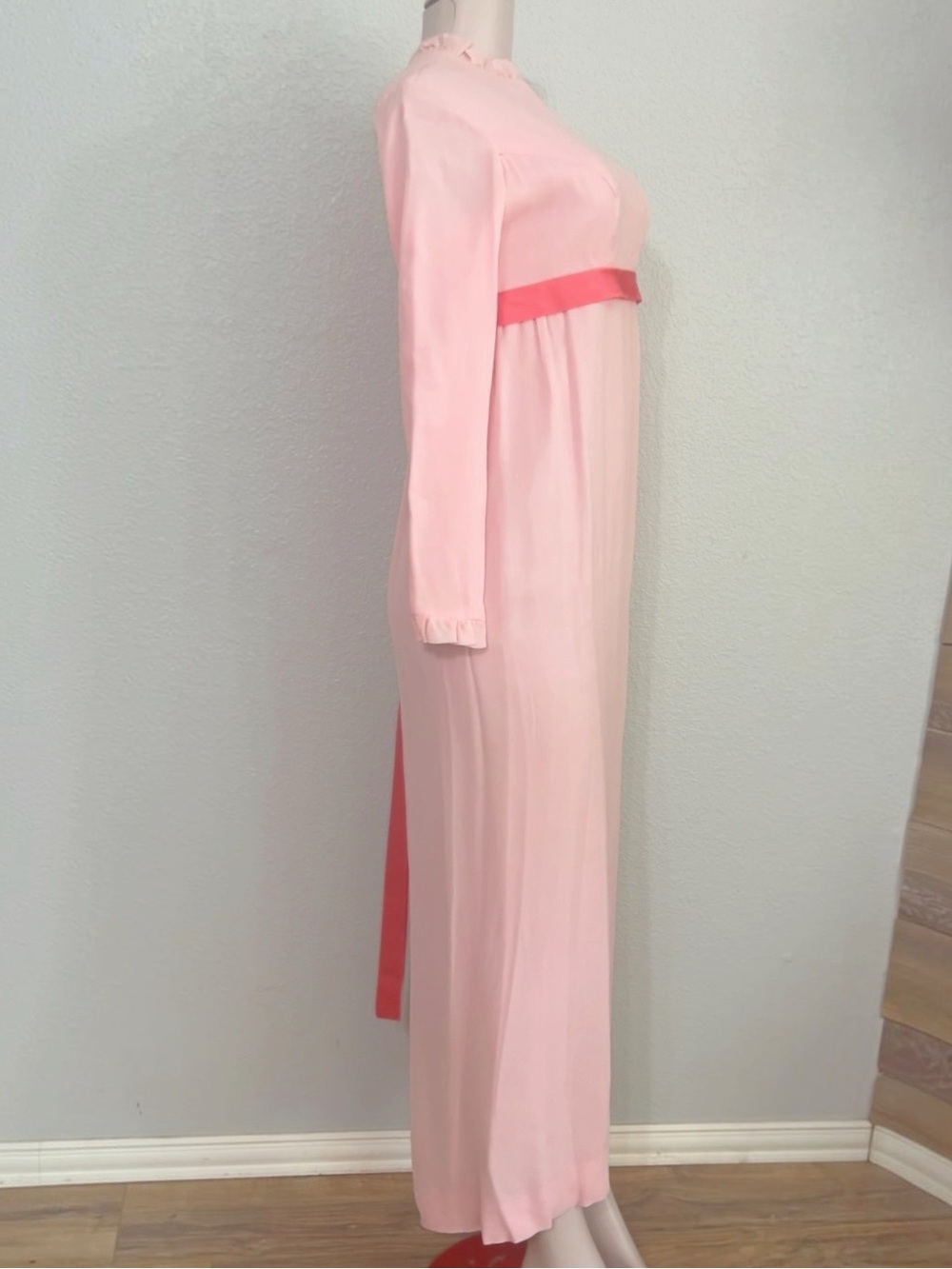 Vintage 1960s Pink Silk Chiffon Empire Waist Maxi Dress Shantung Lining SZ S - Picture 9 of 11